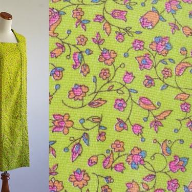 Vintage Liberty Print Dress, 60s Playdress, Floral Housedress, Lime Green Dress, Sleeveless Smock Dress, Zip Front Dress, Large 