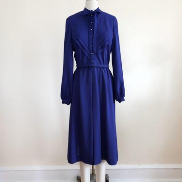Blue Midi Dress with Tie-Neck and Rhinestone Buttons - 1970s 