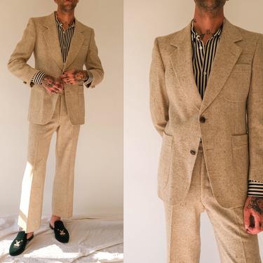 Vintage 70s PIERRE CARDIN Tan Herringbone Flecked Tweed Suit | Hand Tailored in USA | Wide Lapel, Flare Leg, Mod | 1970s Designer Mens Suit 