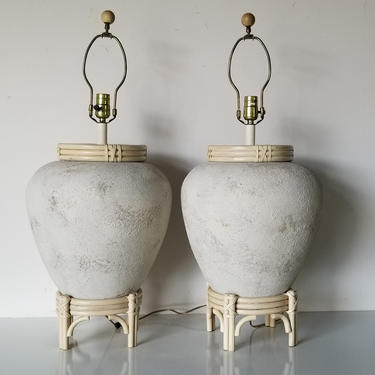 Vintage Pottery Textured Rattan and Leather Table Lamps - a Pair 