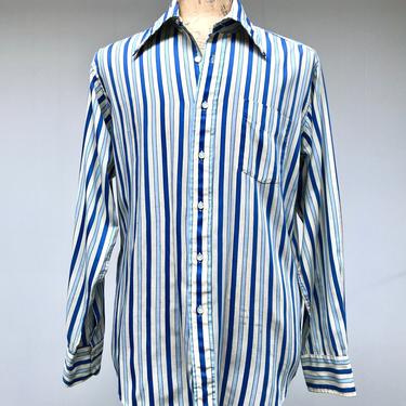 Vintage 1970s Blue Beige Striped Cotton Blend Dress Shirt, 16 1/2 Neck 35 Sleeve, X Large 48&amp;quot; Chest 