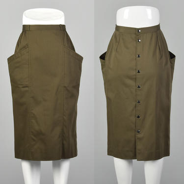 XS Rodier Green Skirt 1970s Avant Garde Large Pocks Snap Back Twill Skirt 