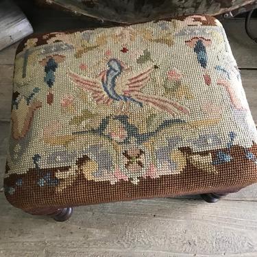 French Needlepoint Footstool, Floral Bird Design, Repaired 