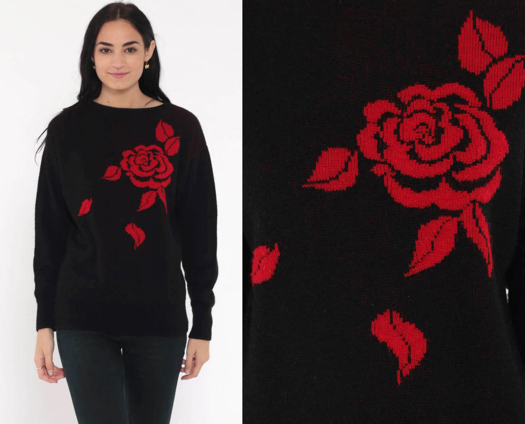 Red Rose Sweater 80s Floral Sweater Black Graphic Print Knit