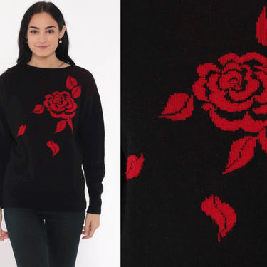 Red Rose Sweater 80s Floral Sweater Black Graphic Print Knit