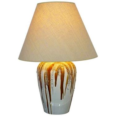 Mid Century Modern Brown Lava Drip Glazed Ceramic Table Lamp Brass Finial 1960s 