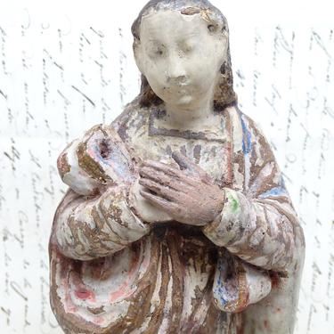 1800's Kneeling Saint Mary Santos, Antique Hand Carved Praying Madonna Bulto 