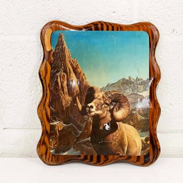 Vintage Mountain Scene Decoupage Wall Plaque 1970s Bighorn Sheep Wood Hanging 70s Kitschy Kitsch Cabin Lodge Rustic Mantique 
