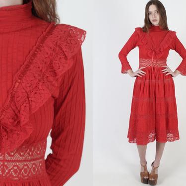 All Red Mexican Dress / Crochet Lace Made In Mexico Dress / Vintage Ethnic Wedding Bridal Dress / Festival Pintuck Cotton Fiesta Midi Dress 