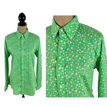 Bright Green Cotton Floral Blouse, Calico Print Collared Long Sleeve Button Down Shirt, Casual Clothes Women, Vintage Clothing Ralph Lauren 