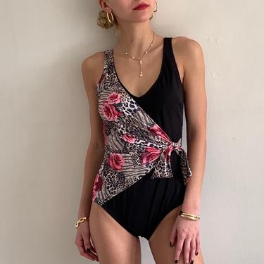 90s wrap colorblock bathing suit / vintage black animal print plunging wrap front / high cut leg one piece swimsuit | S 