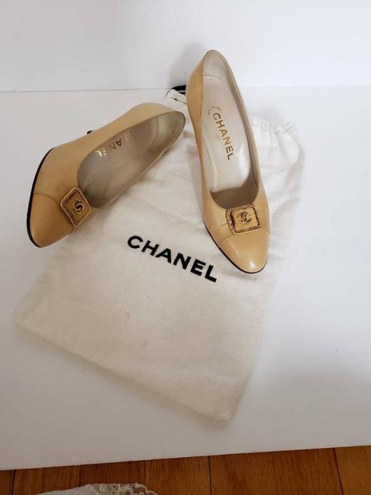 Vintage Chanel Shoes Cream Pumps / 1980s Beige Leather Heels with Signature Buckles / 6 by RareJuleVintage from RareJule Vintage of Chicago, IL | ATTIC
