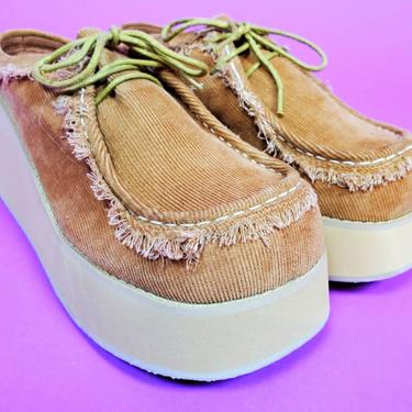 Vintage 1990's chunky platform wedges. DEADSTOCK with box. 70's vibes. Rock by Legend. Camel corduroy. (Size 8.5) 