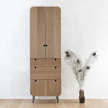 Fluted Tall Cabinet - Solid Oak with blackened walnut, bronze feet, textured face 