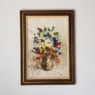 Mid 20th Century Floral Still Life Impasto Oil Painting by Helen, Framed. 