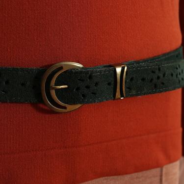 Groovy Vintage 70s Dark Green Suede Perforated Boho Belt 
