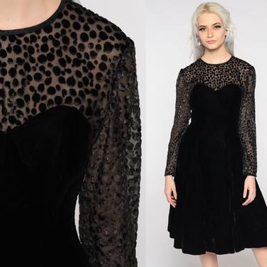 Velvet Party Dress 80s Black Illusion Neckline Dress Vintage 1980s Cocktail Fit and Flare Sheer Formal Long sleeve Holiday Small 4 