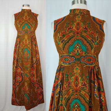 Vintage Seventies Sleeveless Maxi Dress - XS 70s Psychedelic Print Embellished Sequin Rhinestone Dress 