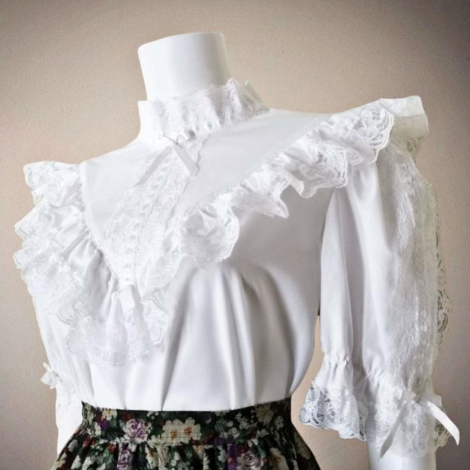 Vintage Lace Blouse, Large / Ruffled Prairie Blouse / Victorian