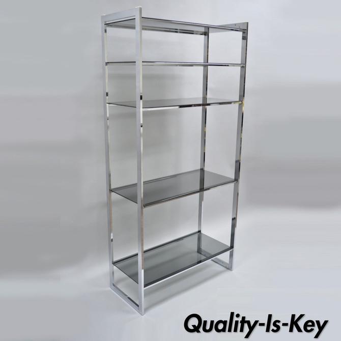 Mid Century Modern Chrome Smoked Glass Etagere Bookcase Shelf