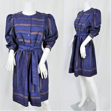 1980's Blue Striped Cotton Smock Dress I Sz Med I Tie Waist I Balloon Sleeves 