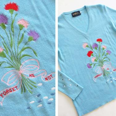 Vintage 60s Embroidered Floral Sweater M - 1960s Forget Me Not Flowers Tears Embroidered Novelty Blue V Neck Sweater - Le Roy 