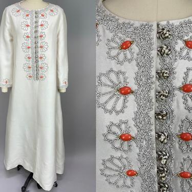 1960s Caftan with Soutache Details | Vintage 60s 70s Maxi Dress with Long Sleeves &amp; Coral Cabochon Beads | medium 