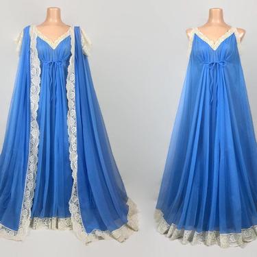 VINTAGE 60s Periwinkle Blue Nylon Chiffon Antique Lace Peignoir Set By Linda UnderLovelies | Full Sweep Cape Back Double Nylon Gown and Robe 