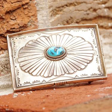 Vintage Signed Navajo Sterling Silver Turquoise Belt Buckle, Rectangular Hammered Silver Buckle, Center Turquoise Stone, R. Monroe, 3&amp;quot; W 