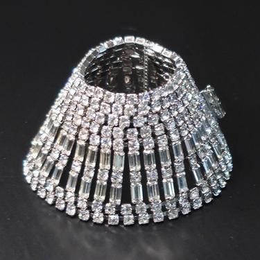 Weiss 1950s 2&quot; Clear Rhinestone Articulated Cuff, Mid Century Glamour Jewelry, Wide Cocktail Bracelet, Bridal Jewelry, 