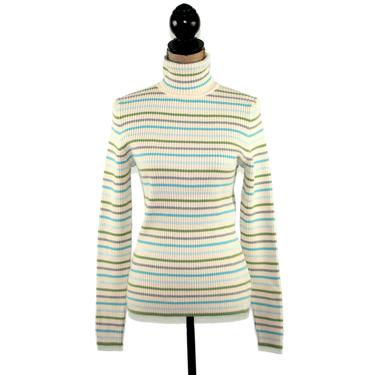 90s Striped Turtleneck, Ribbed Sweater Top, Cotton Knit Shirt Long Sleeve, Blue Green White, 1990s Clothes Women, Vintage Clothing from GAP 