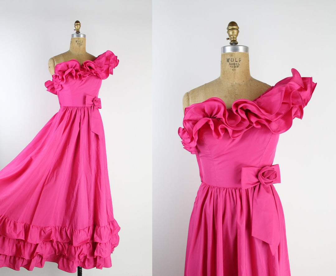 80s Pink Barbie Ruffle Dress Maxi Dress Hot pink Dress Parasol Vintage Atlanta GA