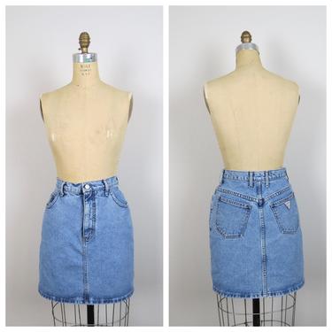 Vintage 1990s Guess denim skirt, mini, light wash, distressed 