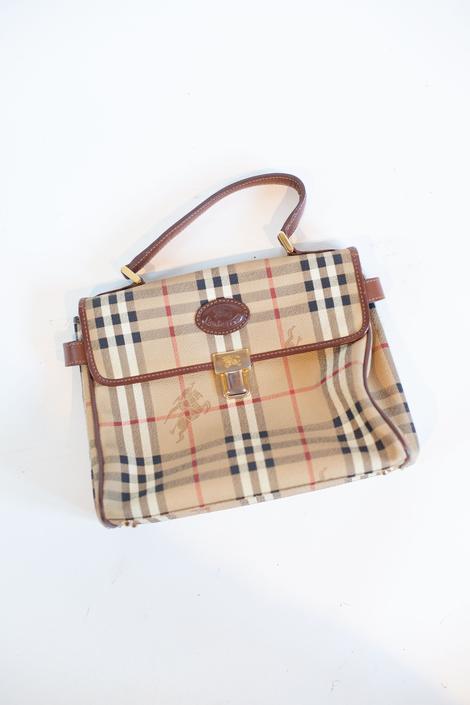 Burberry Haymarket Check Coated Canvas & Leather Tote Shoulder Bag Vintage  1990s