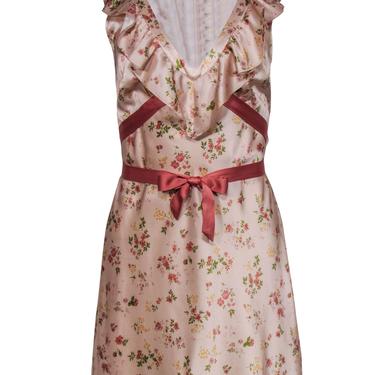 Reformation - Pink Floral Silk Ruffled Mini Dress w/ Ribbons Sz 6