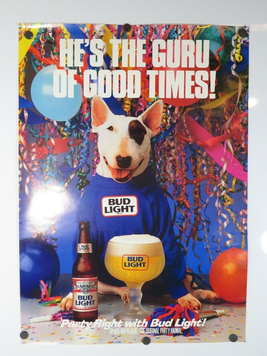 Vtg SPUDS MACKENZIE BUD LIGHT BEER POSTER Bull Terrier Dog