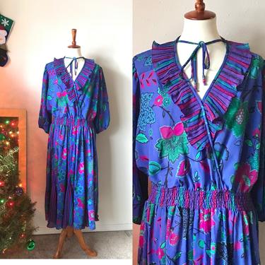 Vintage blue colorful flowy maxi dress oversized 1x 