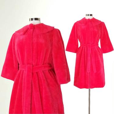 Vintage Plush Robe, Small Petite / 1960s Electric Pink House Coat / Retro Furry Teddy Bear Robe / Hot Pink Pinup Dressing Gown Loungewear 