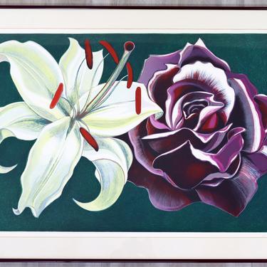 Mid Century Modern Framed Lowell Nesbitt Hand Signed Lithograph Lily &amp; Rose 70s 