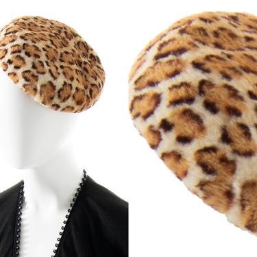 Vintage 1960s Beret | 60s Leopard Print Faux Fur Pill Box Hat (small/medium) 