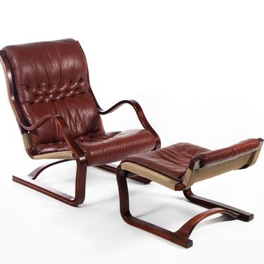Bentwood Afromosia Chair in Oxblood Red Leather with Matching Ottoman 