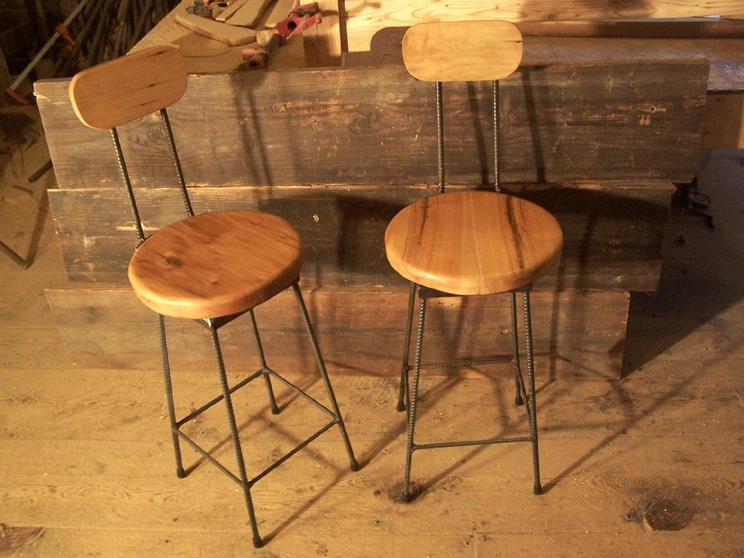 Reclaimed Maple Swivel Bar Stools with Rebar Legs and Back Strong