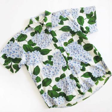 Vintage Blue Hydrangea Floral Shirt M L  - 90s Floral Print Short Sleeve Cotton Button Up - Garden Botanical Print Top 
