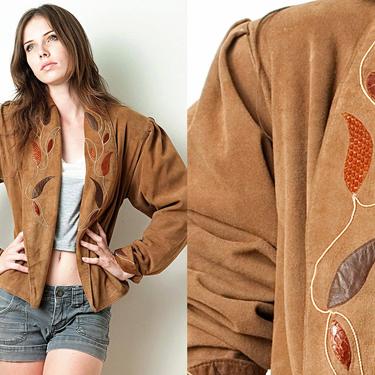Vintage 80s Brown Ultra Soft Suede Jacket Shoulder Pads Puff Sleeves Snake Skin Applique ONE SIZE S M L Small Medium Large 