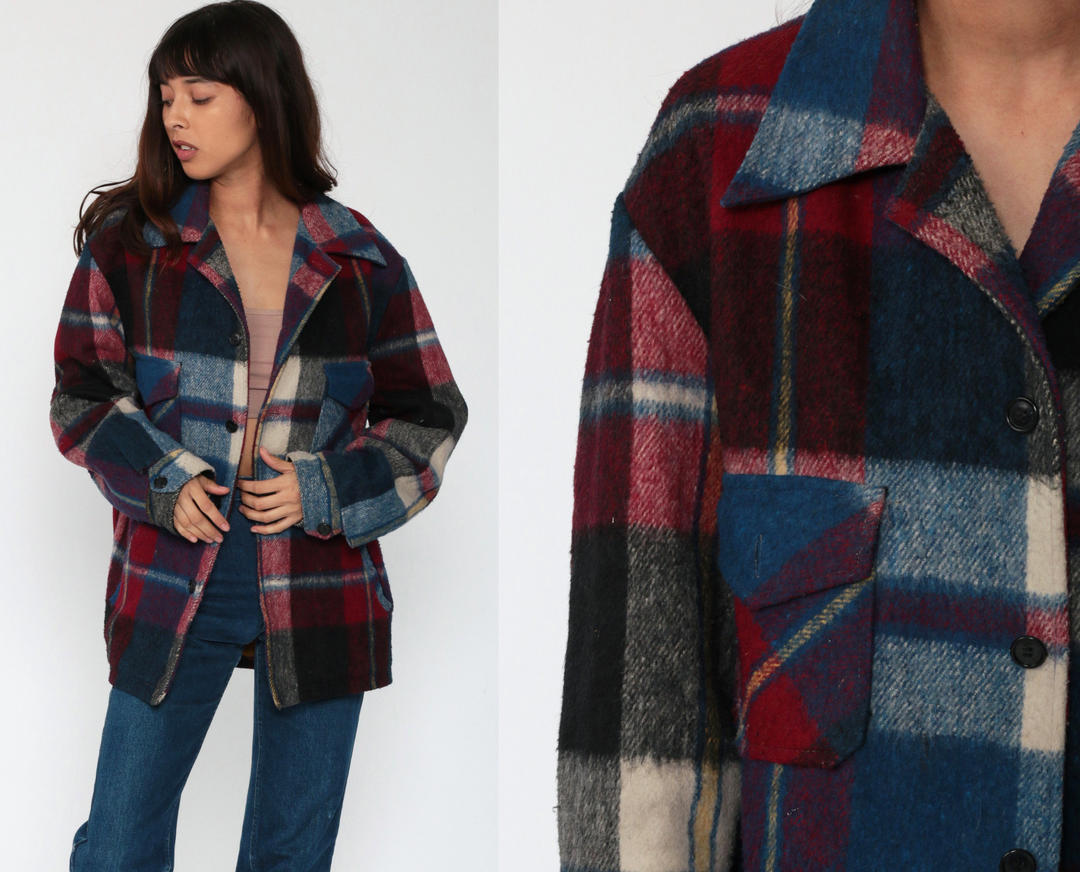 Blue Plaid Jacket Campus Jacket 70s Coat CPO Jacket Lumberjack