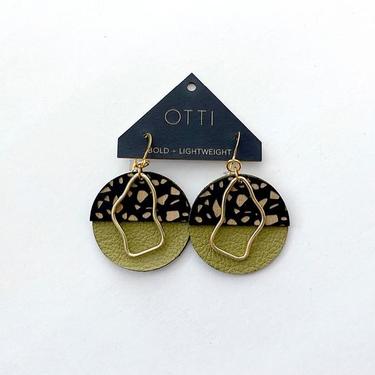 Olive Leather, Wood, and Brass Lightweight Earrings