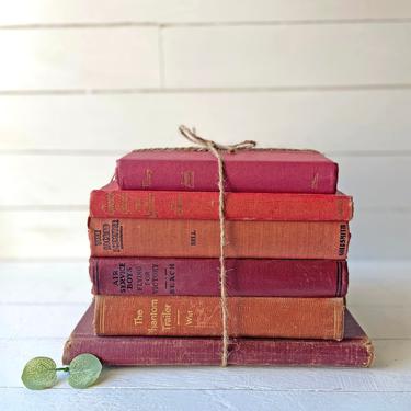 Vintage Bundled Red Books, Set of 6 // Linen Books Antique Book Assortment, Instant Red Shabby Library // Rustic, Farmhouse, Red Book Bundle 