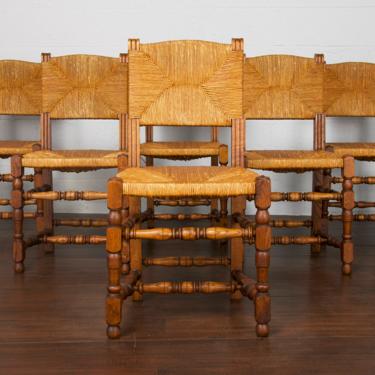 Antique Set of 6 Country French Farmhouse Oak and Rush Dining Chairs 
