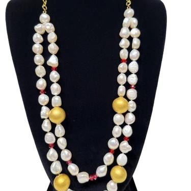 Baroque Pearls and Vermeil Beads Multistrand Necklace - Hollywood Glam Style Jewelry 