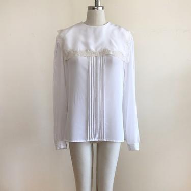 White Blouse with Oversized, Lace-Trimmed Bib Collar - 1980s 